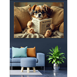 Gazete Okuyan Sevimli Köpek Dekoratif Kanvas - Mdf Ahşap Tablo