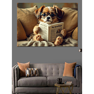 Gazete Okuyan Sevimli Köpek Dekoratif Kanvas - Mdf Ahşap Tablo 25x35 cm