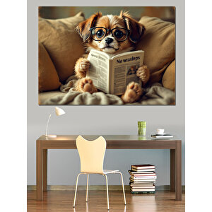 Gazete Okuyan Sevimli Köpek Dekoratif Kanvas - Mdf Ahşap Tablo 25x35 cm