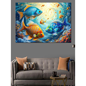 Renkli Balıklarla Deniz Derinliği Dekoratif Kanvas - Mdf Ahşap Tablo 100x140 cm