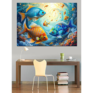 Renkli Balıklarla Deniz Derinliği Dekoratif Kanvas - Mdf Ahşap Tablo 100x140 cm