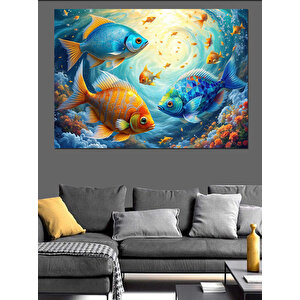 Renkli Balıklarla Deniz Derinliği Dekoratif Kanvas - Mdf Ahşap Tablo 100x140 cm