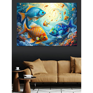 Renkli Balıklarla Deniz Derinliği Dekoratif Kanvas - Mdf Ahşap Tablo