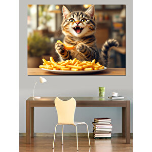 Mutlu Kedi Patates Cipsi Dekoratif Kanvas - Mdf Ahşap Tablo