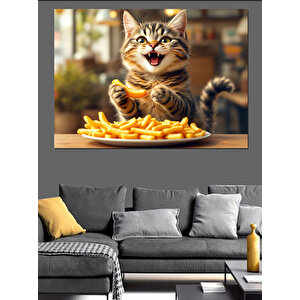 Mutlu Kedi Patates Cipsi Dekoratif Kanvas - Mdf Ahşap Tablo