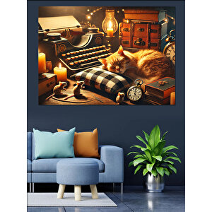Loş Işıkta Daktilo Ve Uyuyan Kedi Dekoratif Kanvas - Mdf Ahşap Tablo 50x70 cm