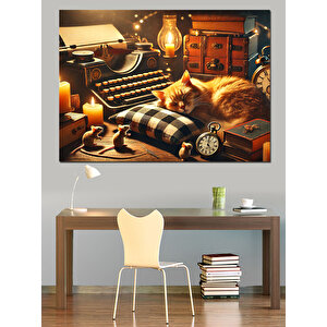 Loş Işıkta Daktilo Ve Uyuyan Kedi Dekoratif Kanvas - Mdf Ahşap Tablo 50x70 cm