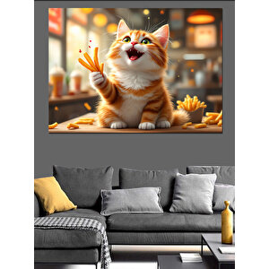 Mutlu Kedi Patates Kızartması Dekoratif Kanvas - Mdf Ahşap Tablo