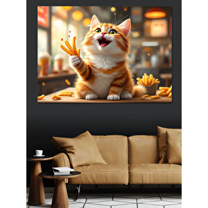 Mutlu Kedi Patates Kızartması Dekoratif Kanvas - Mdf Ahşap Tablo