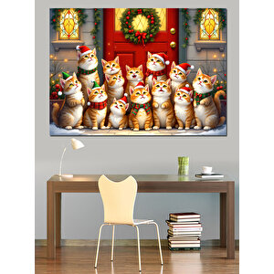Noel Kedileri Hediyelik Heykeller Dekoratif Kanvas - Mdf Ahşap Tablo 70x100 cm