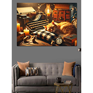 Loş Işıkta Daktilo Ve Uyuyan Kedi Dekoratif Kanvas - Mdf Ahşap Tablo 70x100 cm