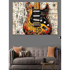 Müzik Notalı Renkli Gitar Dekoratif Kanvas - Mdf Ahşap Tablo