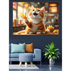 Mutlu Kedi Patates Kızartması Dekoratif Kanvas - Mdf Ahşap Tablo 50x70 cm