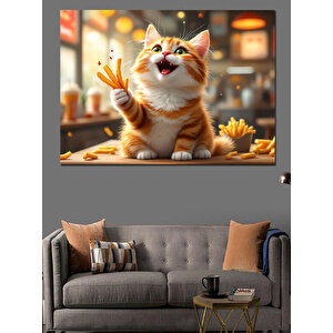 Mutlu Kedi Patates Kızartması Dekoratif Kanvas - Mdf Ahşap Tablo 50x70 cm