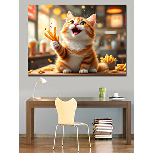 Mutlu Kedi Patates Kızartması Dekoratif Kanvas - Mdf Ahşap Tablo 50x70 cm