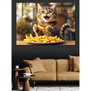 Mutlu Kedi Patates Cipsi Dekoratif Kanvas - Mdf Ahşap Tablo 100x140 cm
