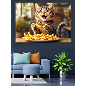 Mutlu Kedi Patates Cipsi Dekoratif Kanvas - Mdf Ahşap Tablo 100x140 cm