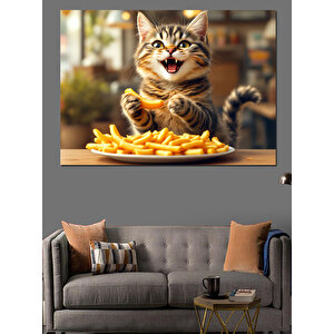 Mutlu Kedi Patates Cipsi Dekoratif Kanvas - Mdf Ahşap Tablo 100x140 cm