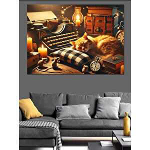 Loş Işıkta Daktilo Ve Uyuyan Kedi Dekoratif Kanvas - Mdf Ahşap Tablo