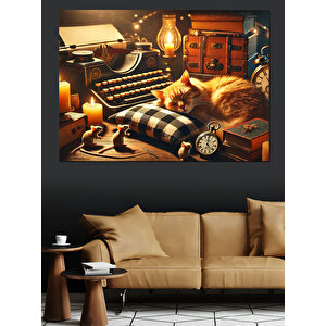 Loş Işıkta Daktilo Ve Uyuyan Kedi Dekoratif Kanvas - Mdf Ahşap Tablo