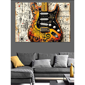 Müzik Notalı Renkli Gitar Dekoratif Kanvas - Mdf Ahşap Tablo 70x100 cm