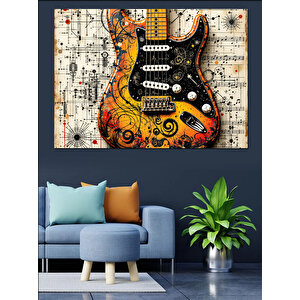 Müzik Notalı Renkli Gitar Dekoratif Kanvas - Mdf Ahşap Tablo 70x100 cm
