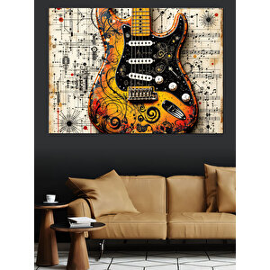 Müzik Notalı Renkli Gitar Dekoratif Kanvas - Mdf Ahşap Tablo 100x140 cm