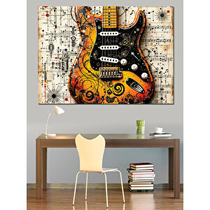 Müzik Notalı Renkli Gitar Dekoratif Kanvas - Mdf Ahşap Tablo