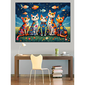 Renkli Balıklı Kedi Grubu Dekoratif Kanvas - Mdf Ahşap Tablo 70x100 cm