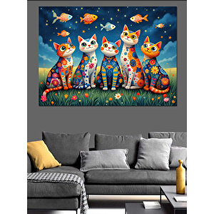 Renkli Balıklı Kedi Grubu Dekoratif Kanvas - Mdf Ahşap Tablo 70x100 cm