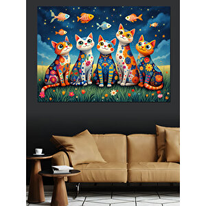 Renkli Balıklı Kedi Grubu Dekoratif Kanvas - Mdf Ahşap Tablo 70x100 cm