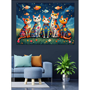 Renkli Balıklı Kedi Grubu Dekoratif Kanvas - Mdf Ahşap Tablo