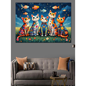 Renkli Balıklı Kedi Grubu Dekoratif Kanvas - Mdf Ahşap Tablo