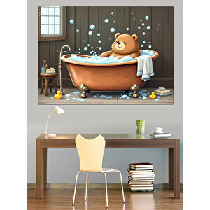 Köpük Banyosunda Peluş Ayı Dekoratif Kanvas - Mdf Ahşap Tablo