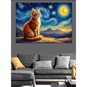 Van Gogh Stili Turuncu Kedi Dekoratif Kanvas - Mdf Ahşap Tablo 100x140 cm