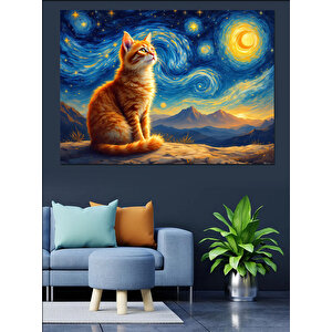 Van Gogh Stili Turuncu Kedi Dekoratif Kanvas - Mdf Ahşap Tablo 100x140 cm