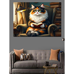Kitap Okuyan Tüylü Kedi Dekoratif Kanvas - Mdf Ahşap Tablo 70x100 cm