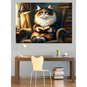 Kitap Okuyan Tüylü Kedi Dekoratif Kanvas - Mdf Ahşap Tablo 70x100 cm