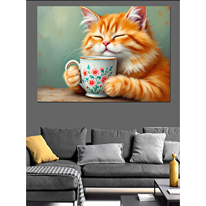 Çay İçen Mutlu Kedi Dekoratif Kanvas - Mdf Ahşap Tablo 70x100 cm