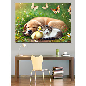 Köpek Ve Kedi Dostluğu Dekoratif Kanvas - Mdf Ahşap Tablo 70x100 cm