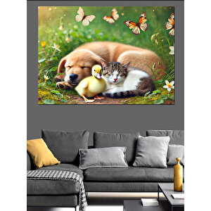 Köpek Ve Kedi Dostluğu Dekoratif Kanvas - Mdf Ahşap Tablo 70x100 cm
