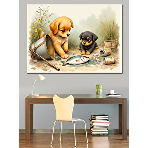 Şirin Yavru Köpekler Dekoratif Kanvas - Mdf Ahşap Tablo 70x100 cm