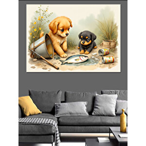 Şirin Yavru Köpekler Dekoratif Kanvas - Mdf Ahşap Tablo 70x100 cm