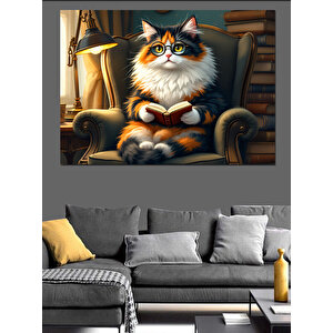 Kitap Okuyan Tüylü Kedi Dekoratif Kanvas - Mdf Ahşap Tablo