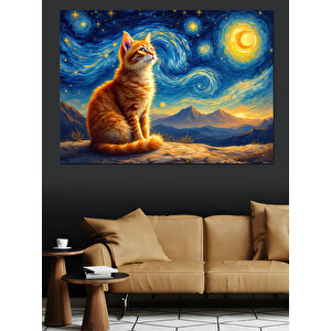 Van Gogh Stili Turuncu Kedi Dekoratif Kanvas - Mdf Ahşap Tablo 35x50 cm
