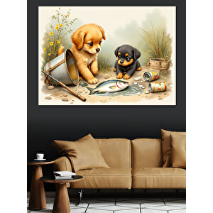 Şirin Yavru Köpekler Dekoratif Kanvas - Mdf Ahşap Tablo 50x70 cm