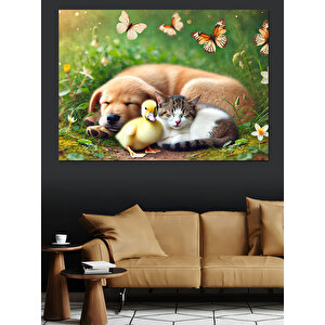 Köpek Ve Kedi Dostluğu Dekoratif Kanvas - Mdf Ahşap Tablo