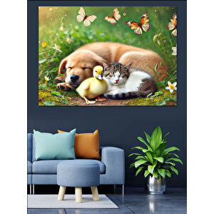 Köpek Ve Kedi Dostluğu Dekoratif Kanvas - Mdf Ahşap Tablo