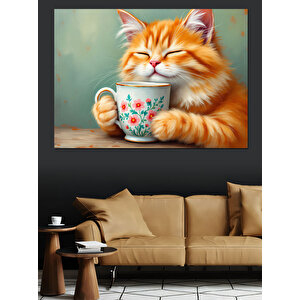 Çay İçen Mutlu Kedi Dekoratif Kanvas - Mdf Ahşap Tablo 35x50 cm