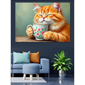 Çay İçen Mutlu Kedi Dekoratif Kanvas - Mdf Ahşap Tablo 35x50 cm